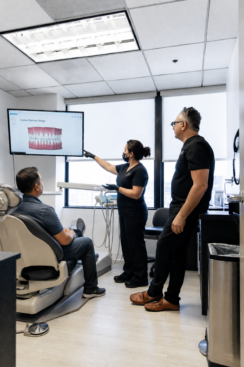 Team in a meeting room reviewing a dental chart on a screen while one presenter points to it