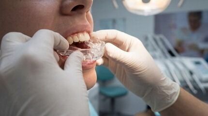 Dentist fitting a clear dental retainer on a patient’s teeth in a clinic