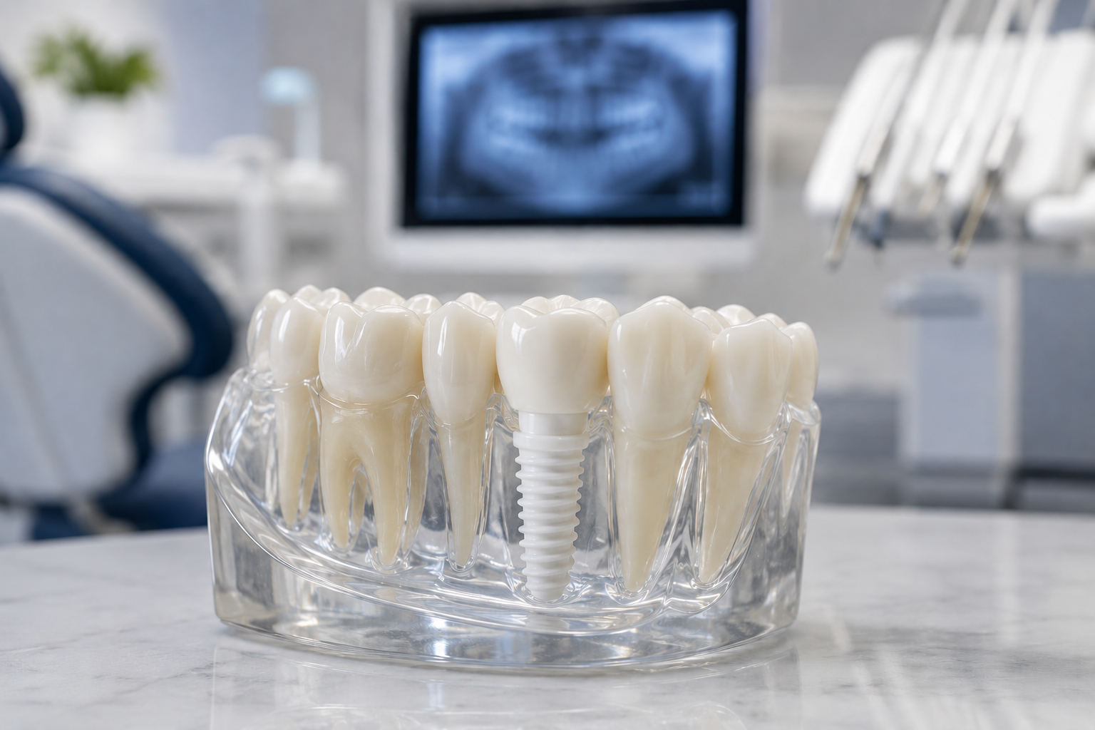 Dental prosthetic teeth in a clear tray on a clinic counter, with dental equipment blurred in the background