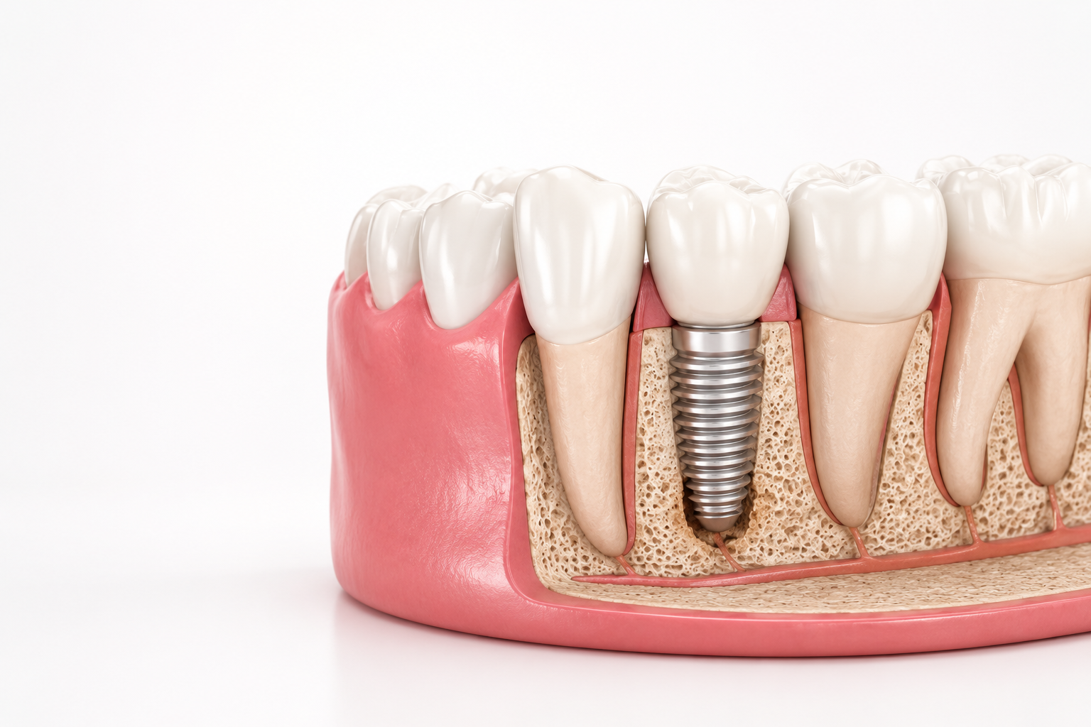 Close-up of a dental implant among pink gums and white teeth model