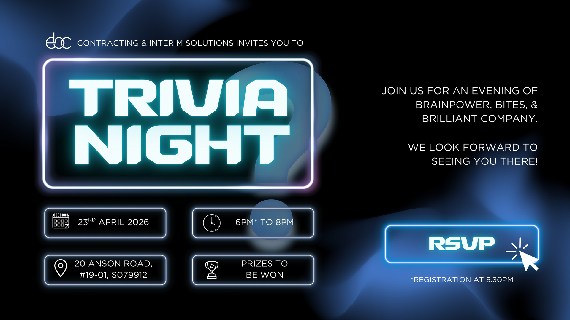 Trivia Night event flyer with glowing blue title, event details, and RSVP button on a dark background