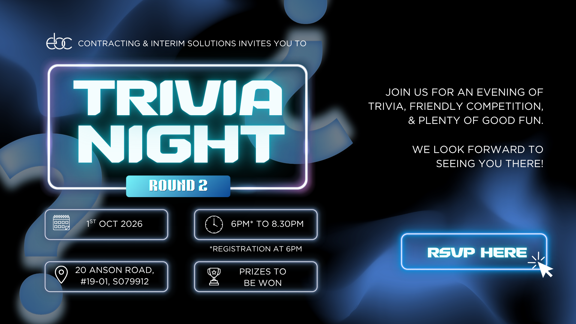 Trivia Night event flyer with glowing blue title, event details, and RSVP button on a dark background