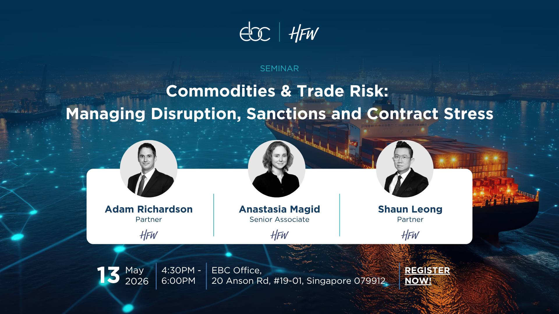 Webinar banner on commodities trade risk, blue industrial background with three speaker headshots and event details