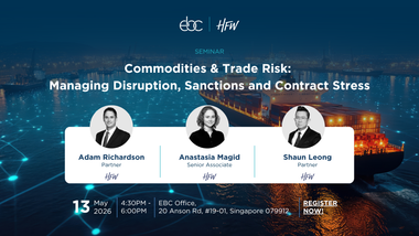 Webinar banner on commodities trade risk, blue industrial background with three speaker headshots and event details