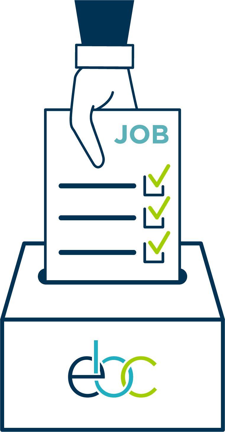 Hand putting a job application with checkmarks into a ballot box; teal and green accents.