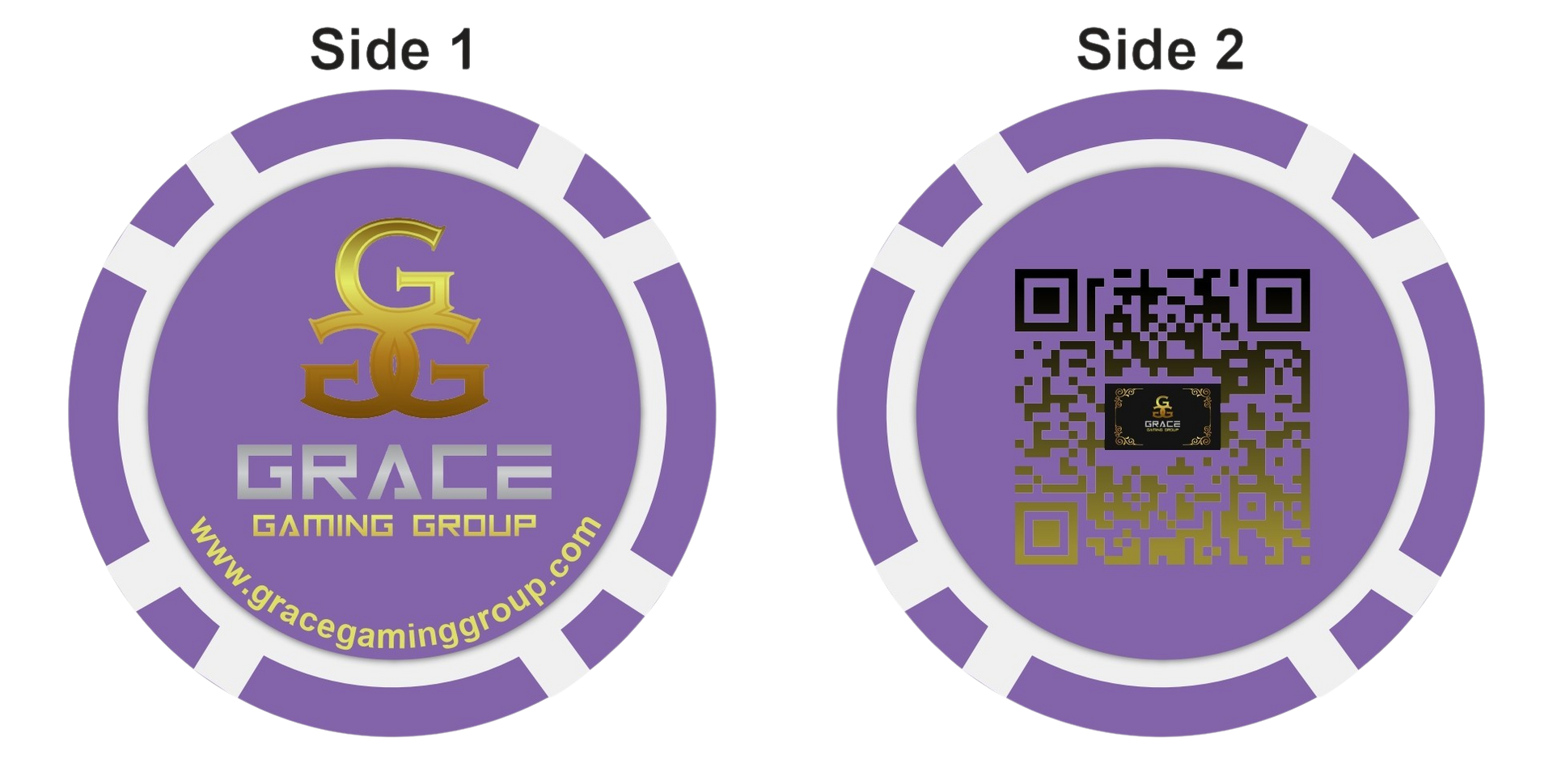 A purple poker chip with a qr code on it