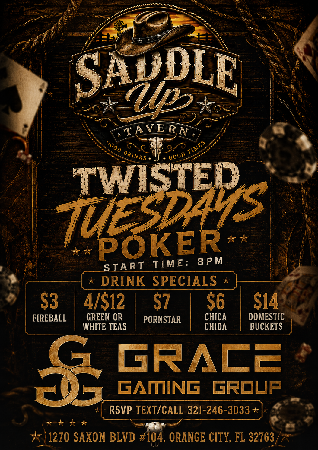 Dark vintage poster for Saddle Up Tavern’s Twisted Tuesdays poker night with prices and Grace Gaming Group logo