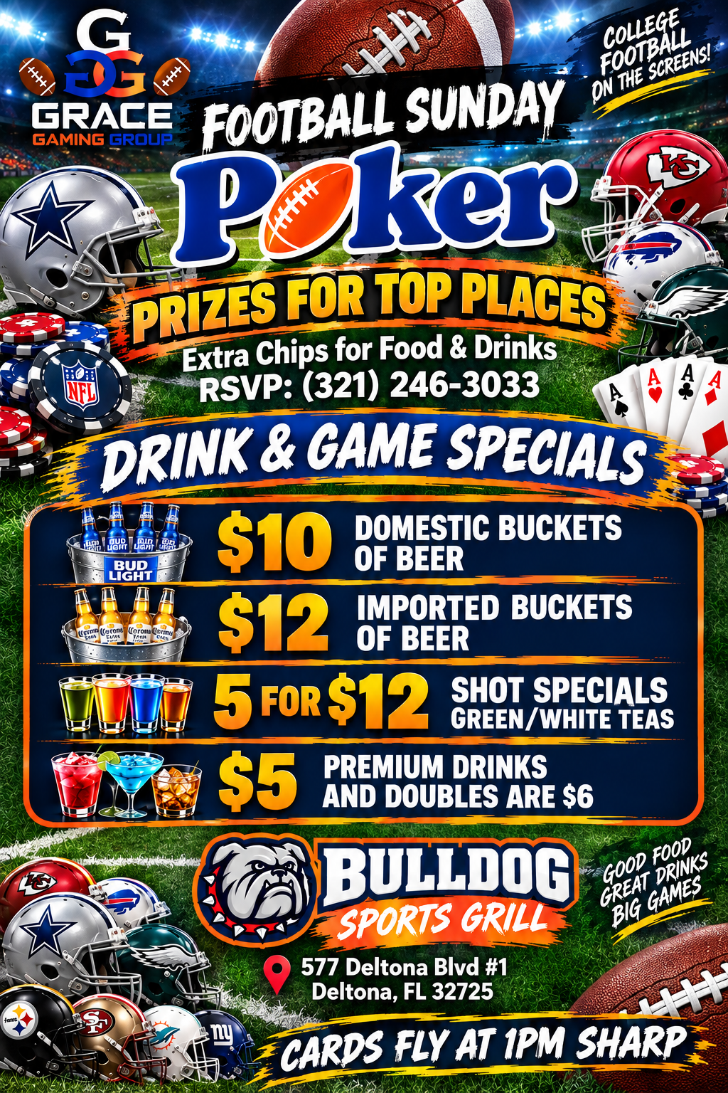 Football Sunday poker flyer with prizes, drink specials, and Bulldog Sports Grill logo on blue background