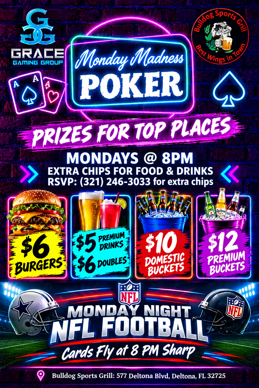 Monday Madness Poker flyer with prizes, burgers, beer buckets, and Monday night football promotion