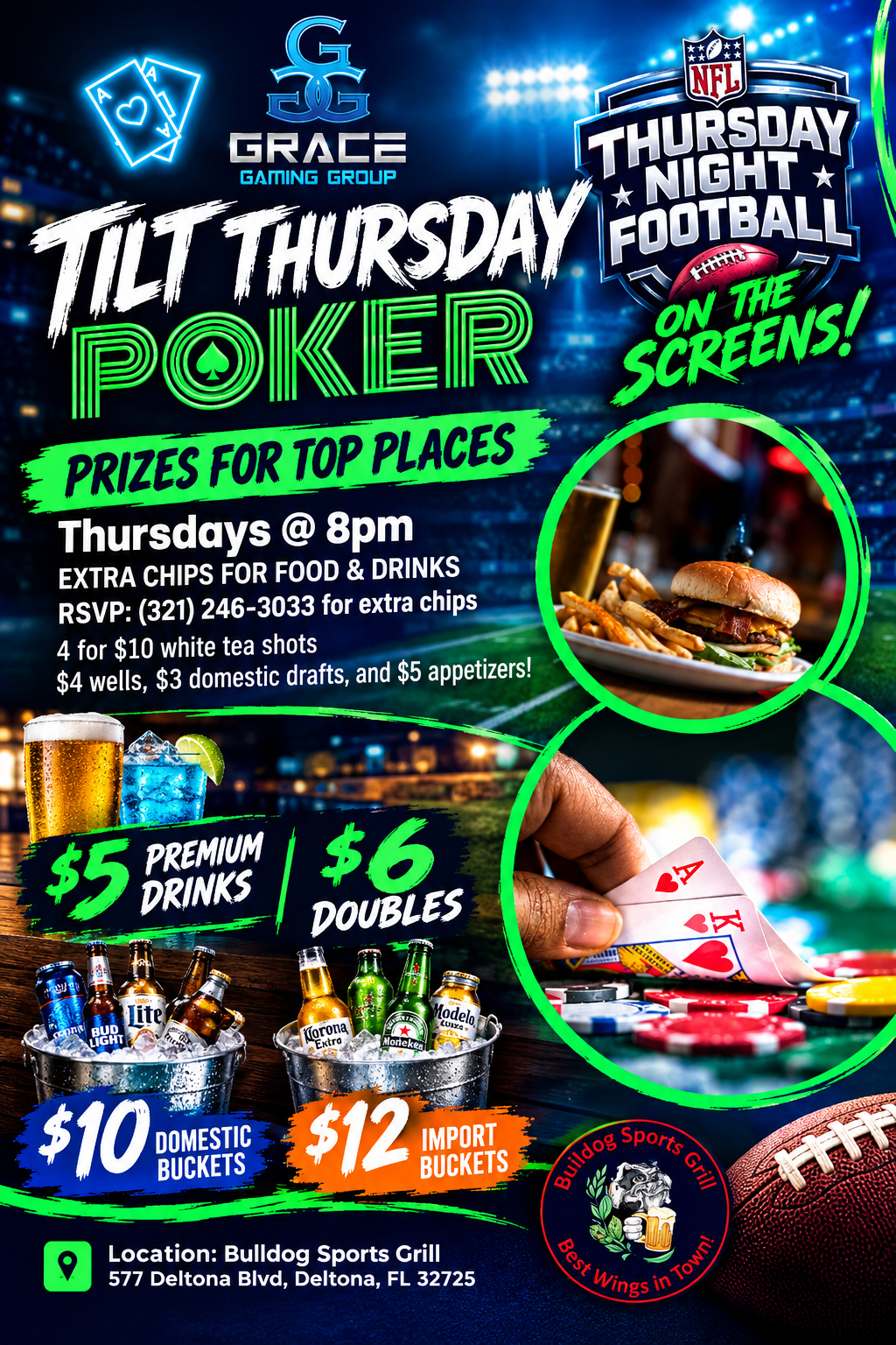 Thursday night football poker promo poster with neon green text, food, drink specials, and game highlights