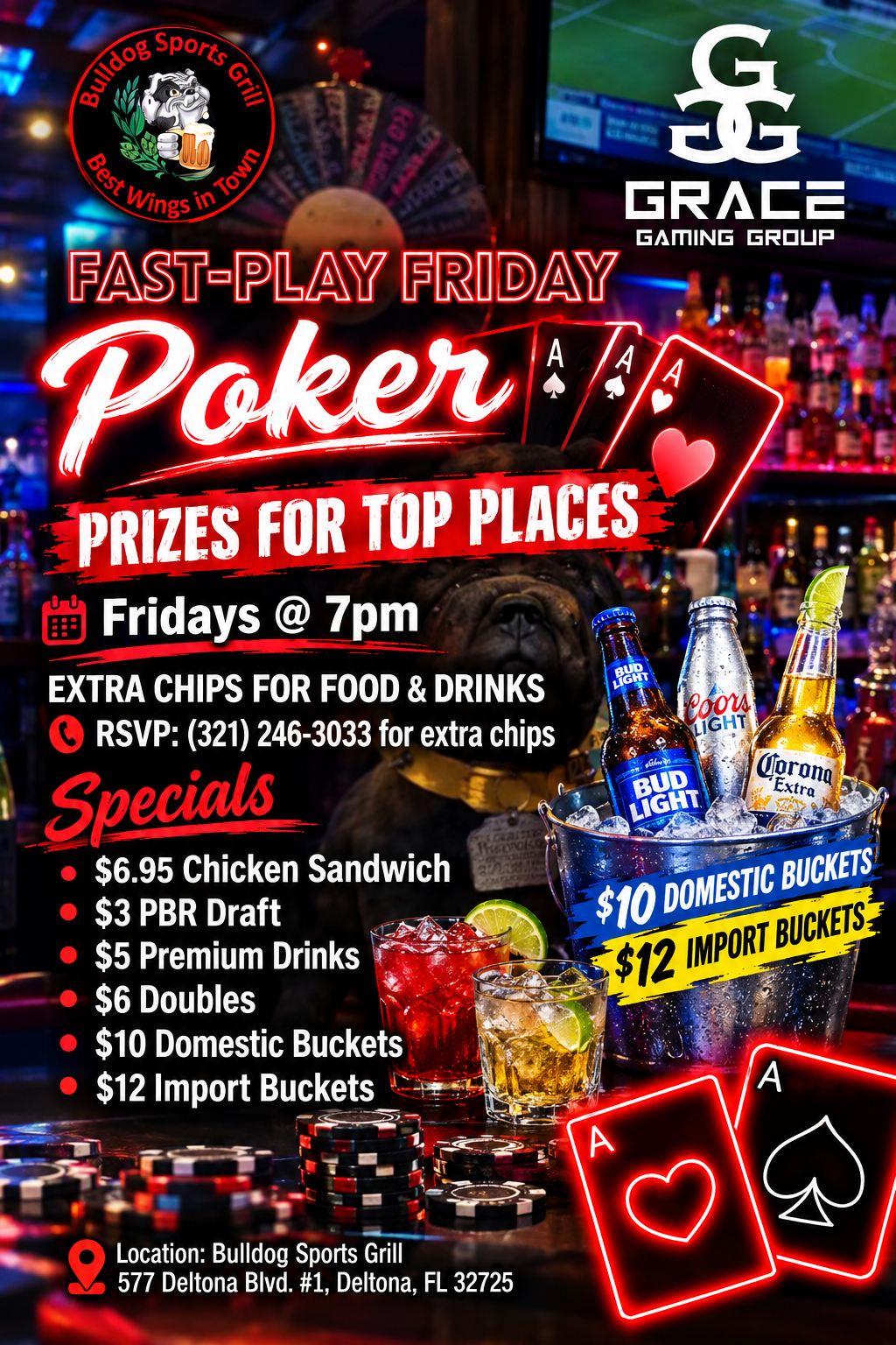 Bright red poker flyer for Grace Gaming Group, Friday 7pm, with prizes, specials, and playing cards/cocktail imagery