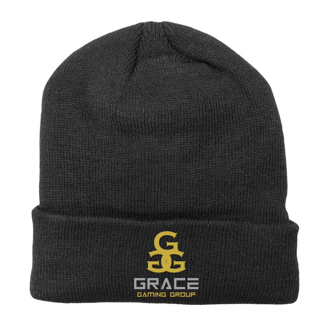 A black beanie with the word grace embroidered on it
