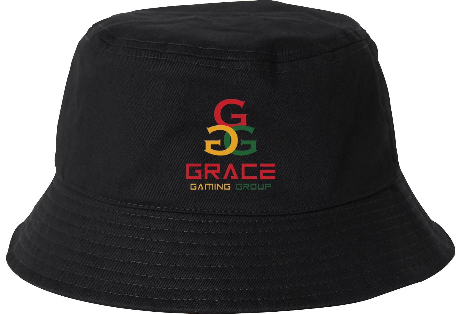 A black bucket hat with the grace gaming group logo on it
