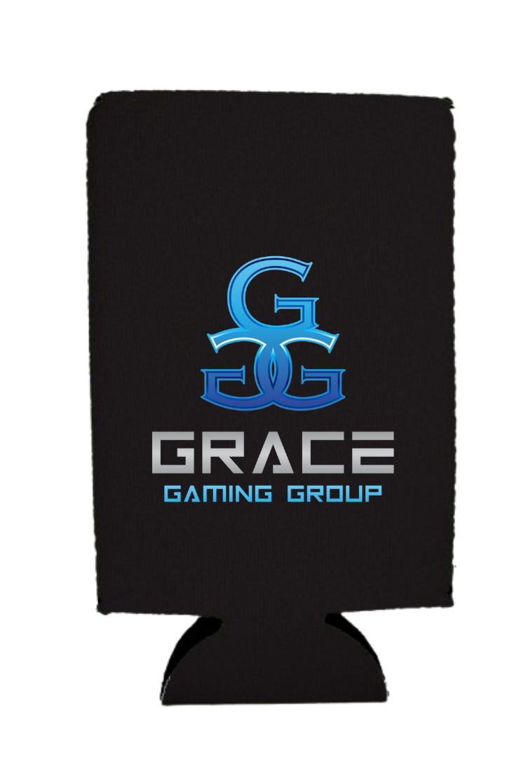 A black can holder that says grace gaming group