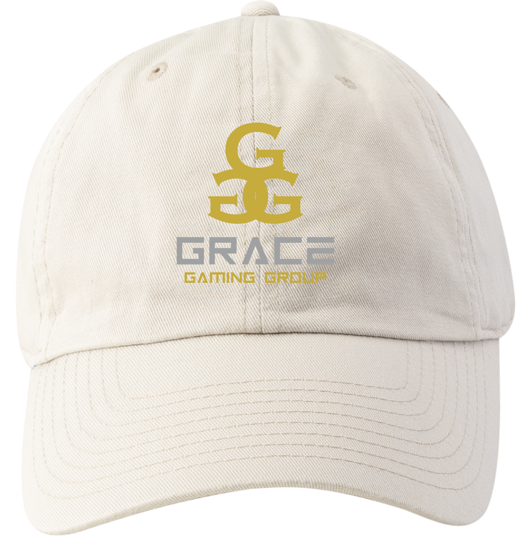 A white baseball cap that says grace gaming group