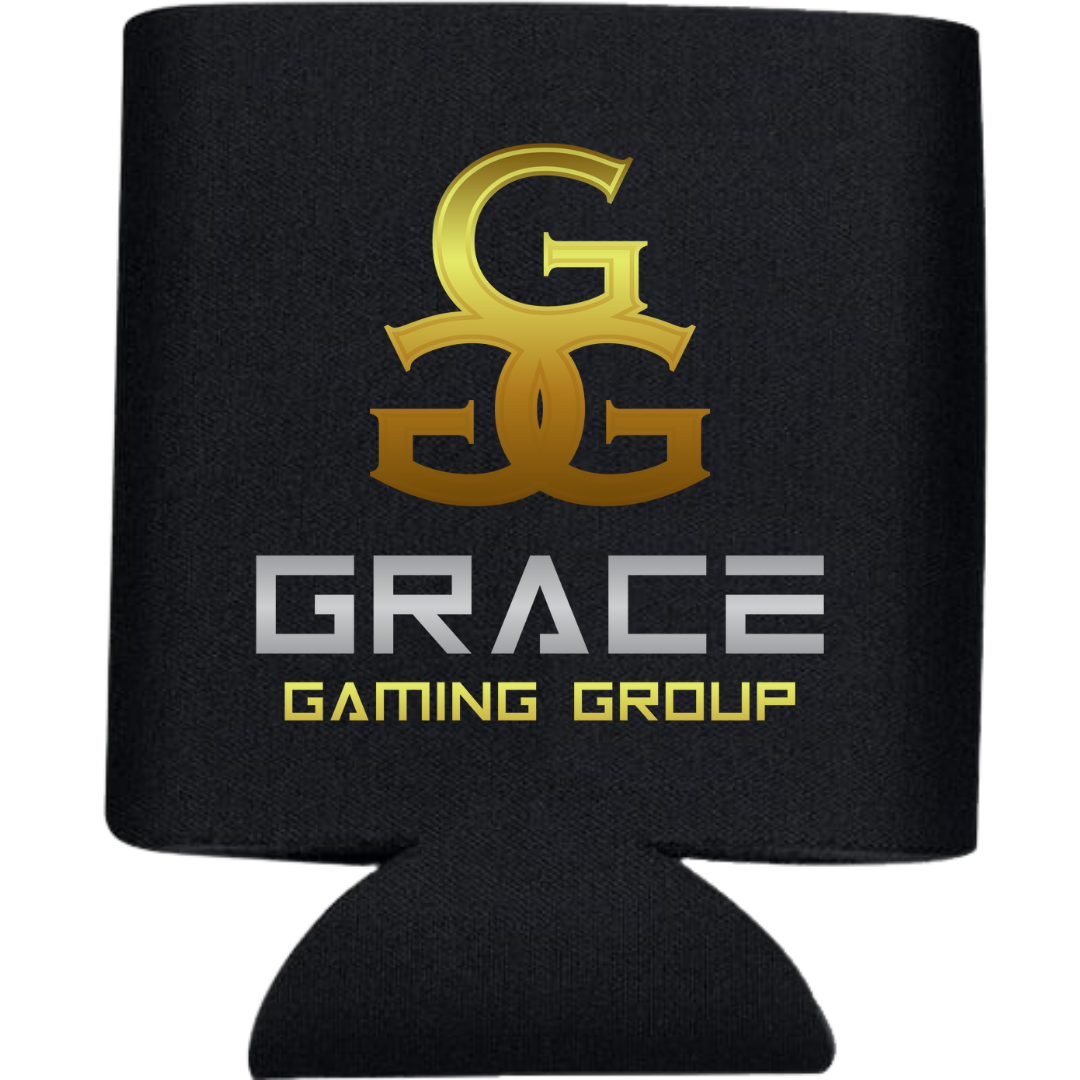 A black can holder that says grace gaming group
