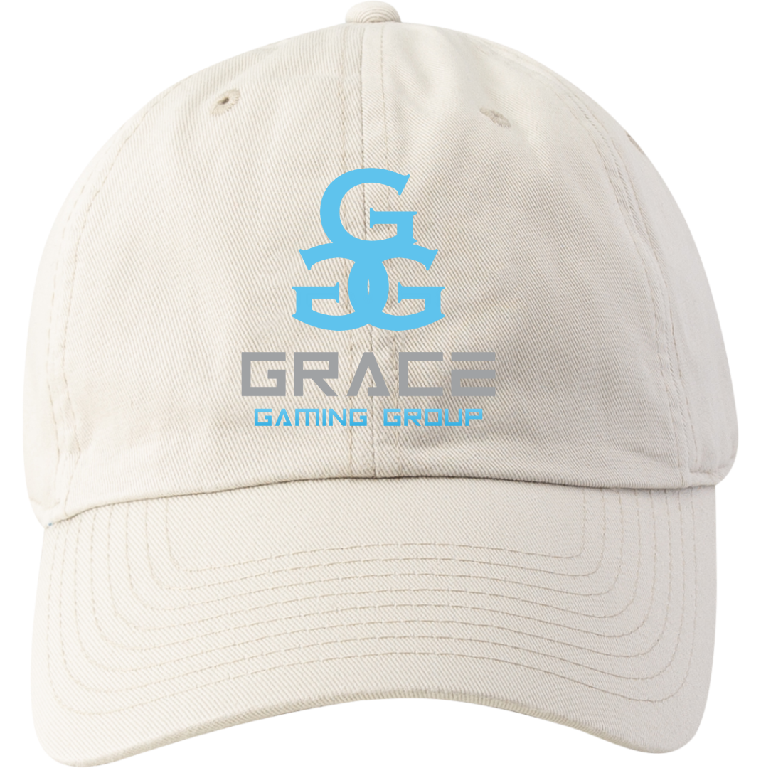 A white baseball cap that says grace gaming group