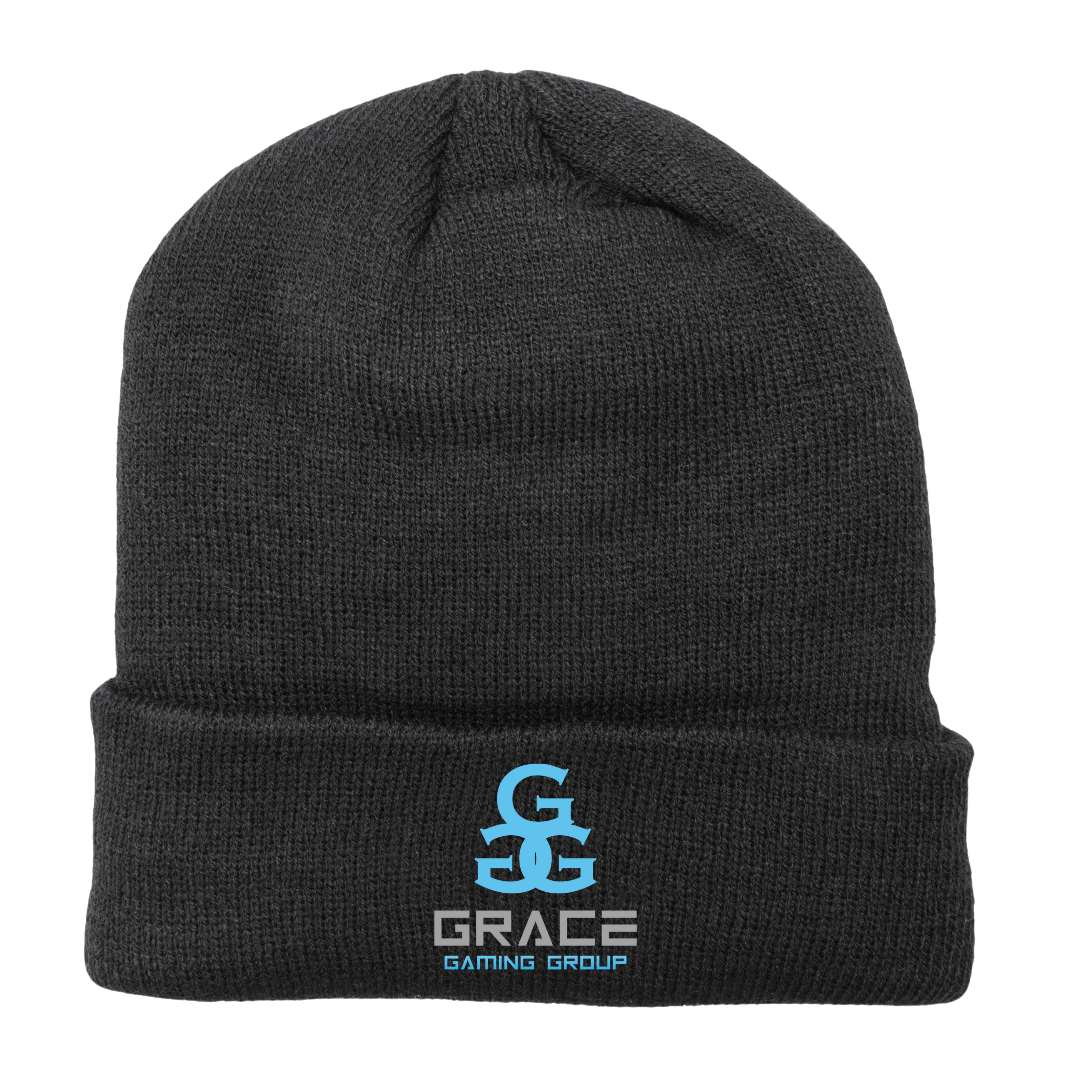 A black beanie with the word grace embroidered on it
