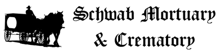 Black silhouette of a horse-drawn hearse with text "Schwab Mortuary & Crematory".