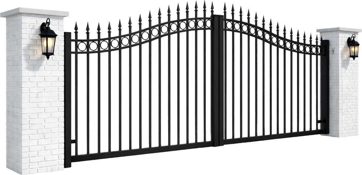 A metal gate with a stone pillar surrounding it on a white background.
