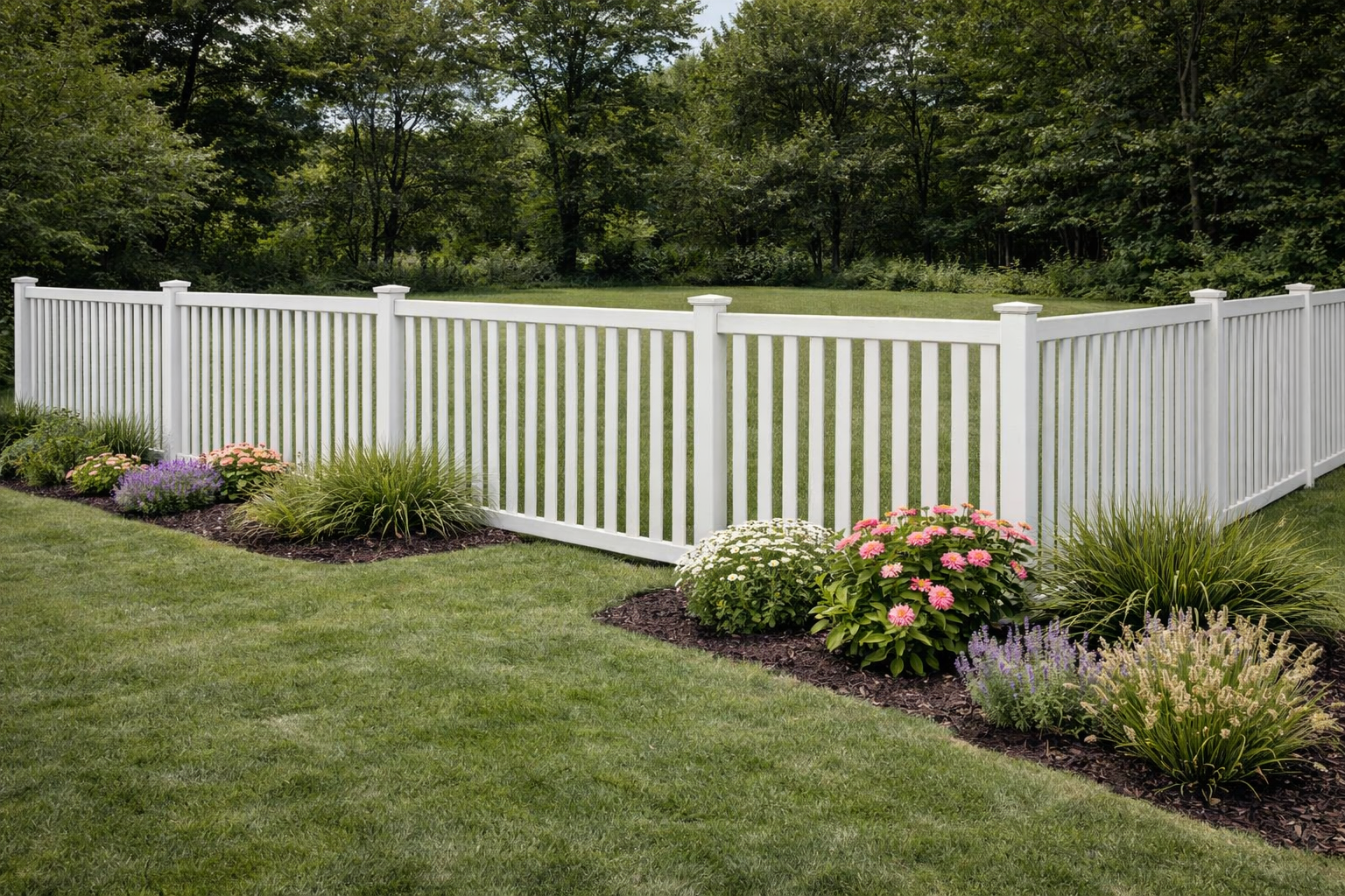 A white vinyl picket fence borders a green lawn with flower beds in a garden setting backed by trees.