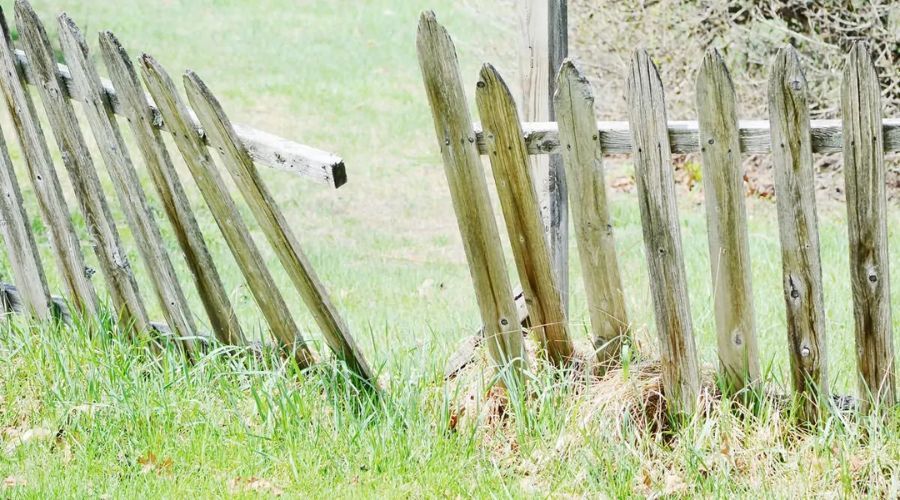 Broken wooden picket fence with a snapped top rail needing a storm damage assessment and repair.