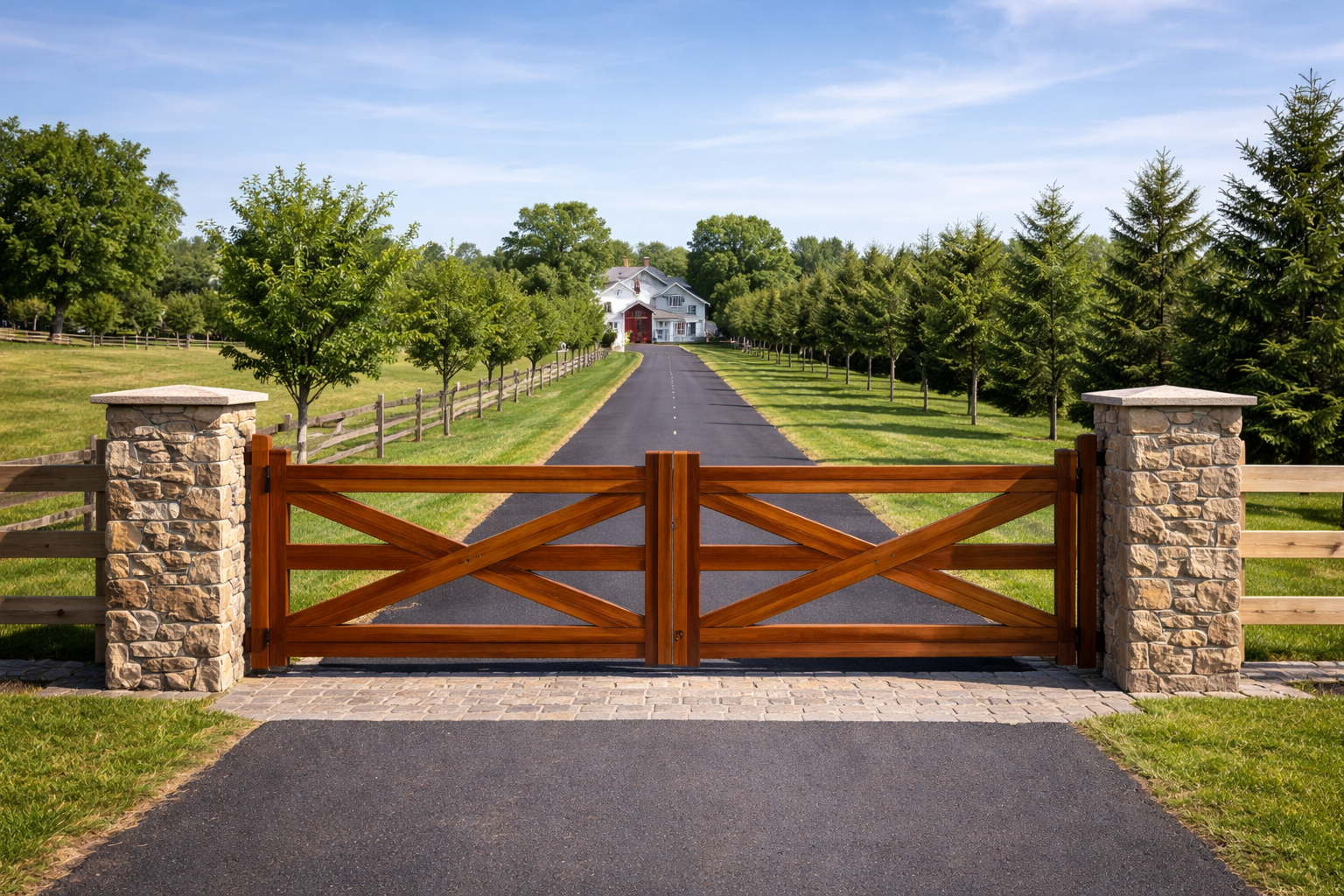 A double wooden gate with an X-brace design connects two stone pillars at the entrance of a paved driveway to a house.