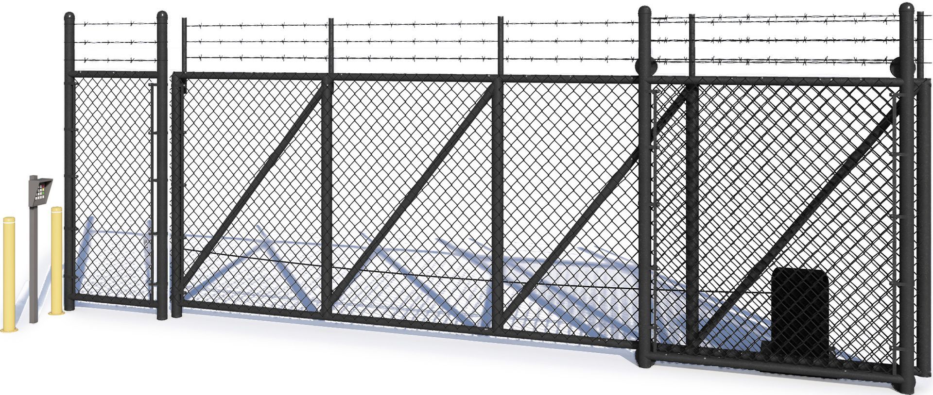 A chain link fence with a gate on a white background.