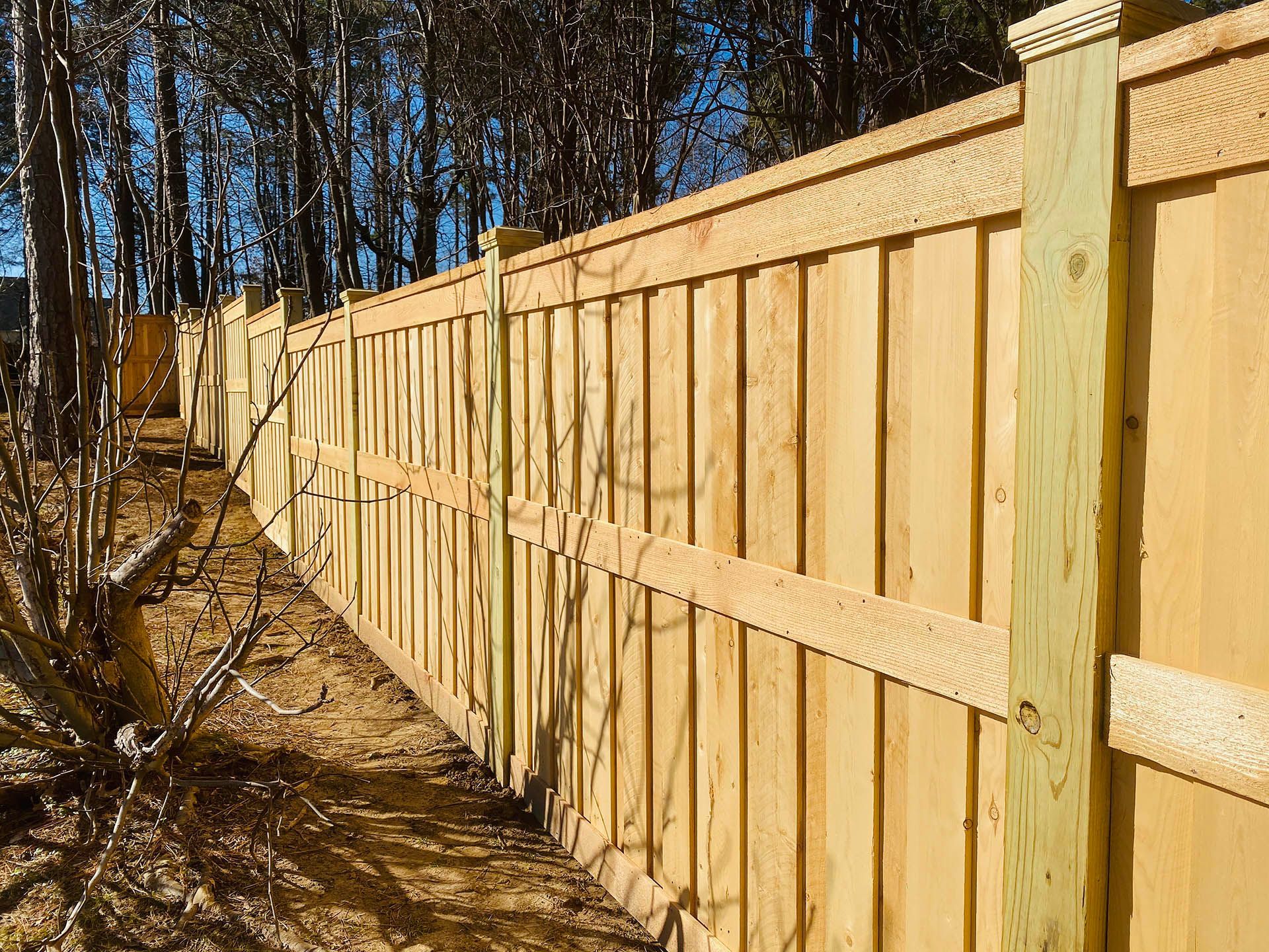 Wooden fence in sunlight along a dirt path, trees in the background.