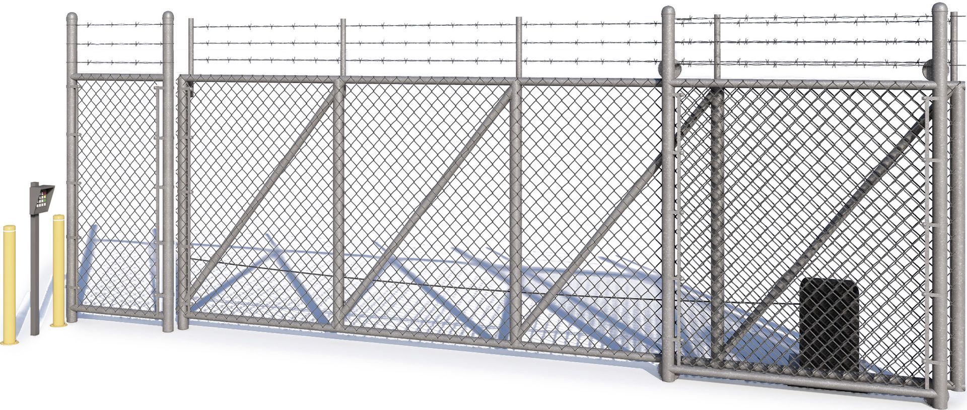 A chain link fence with a gate on a white background.