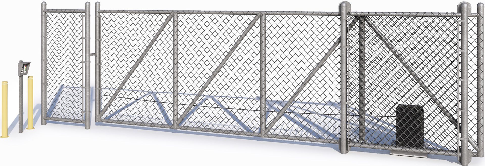 A chain link fence with a gate on a white background.