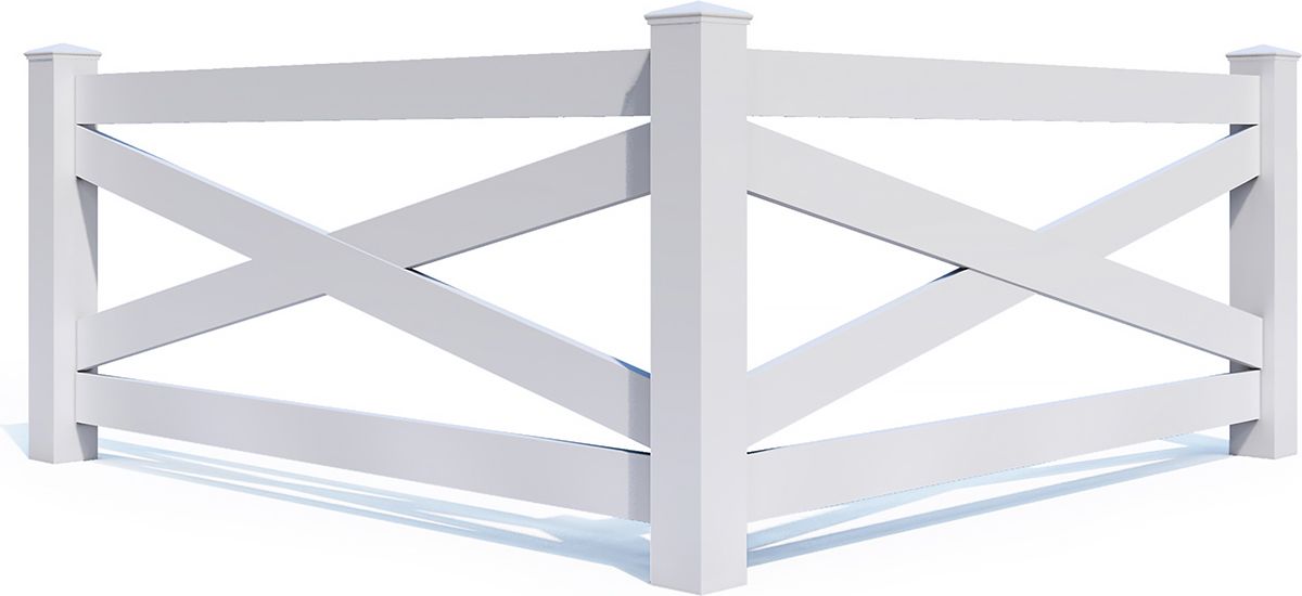 A white wooden fence with crossed posts on a white background.