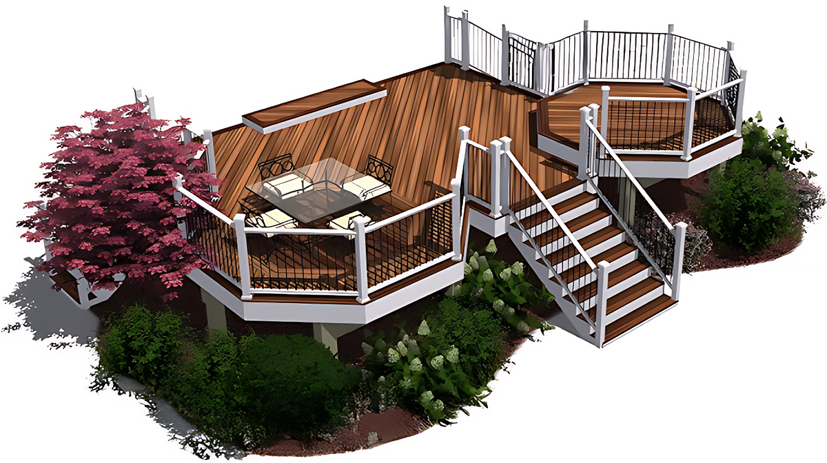 An aerial view of a wooden deck with stairs and a table.
