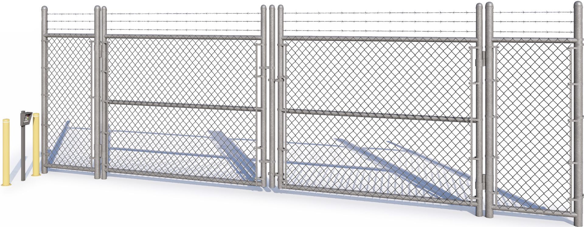 A chain link fence with a gate on a white background.