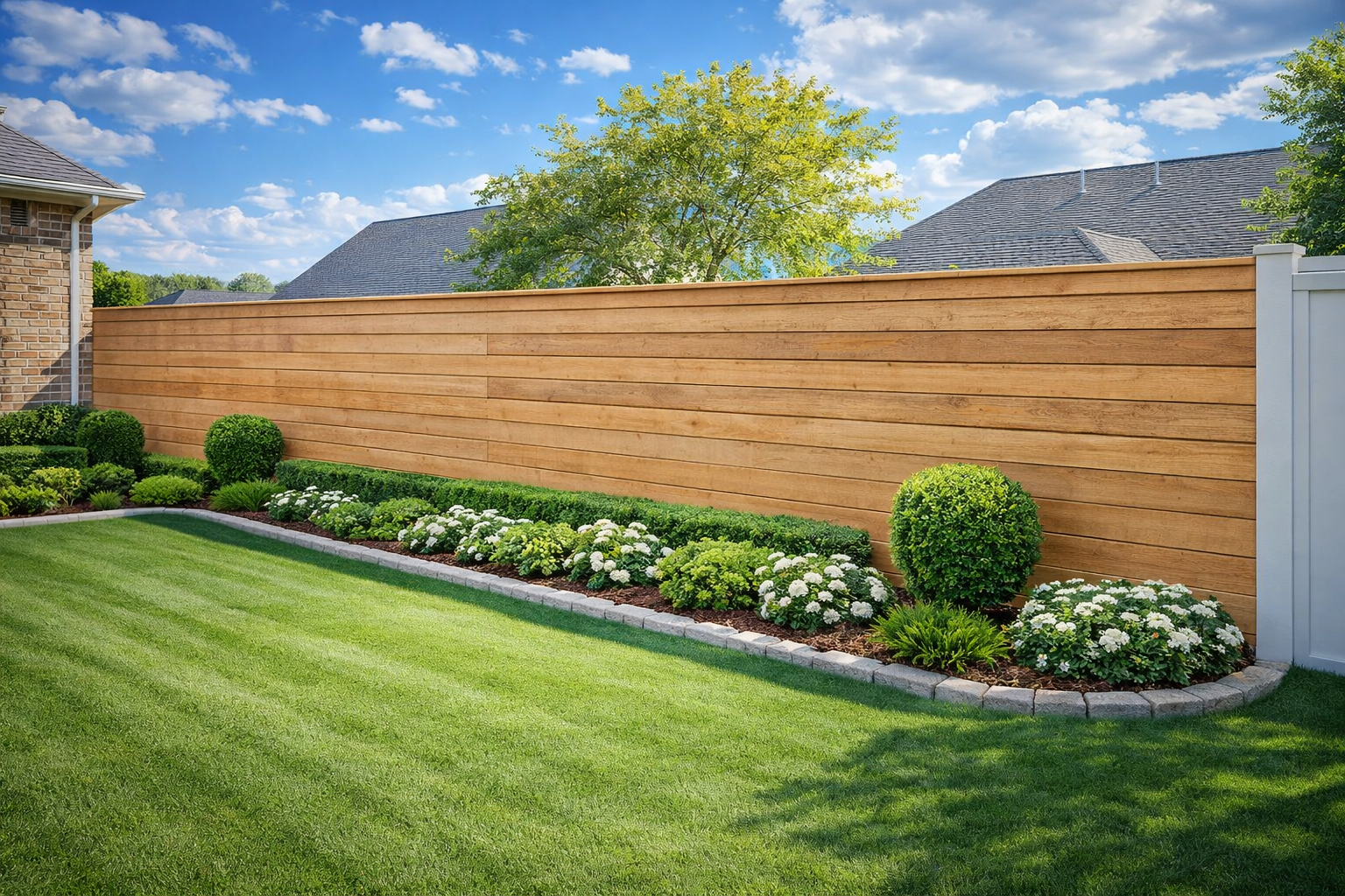 Wood 3D render highlighting vertical wood slats, framed panels, and capped posts for secure and natural privacy in Springfield, Missouri.