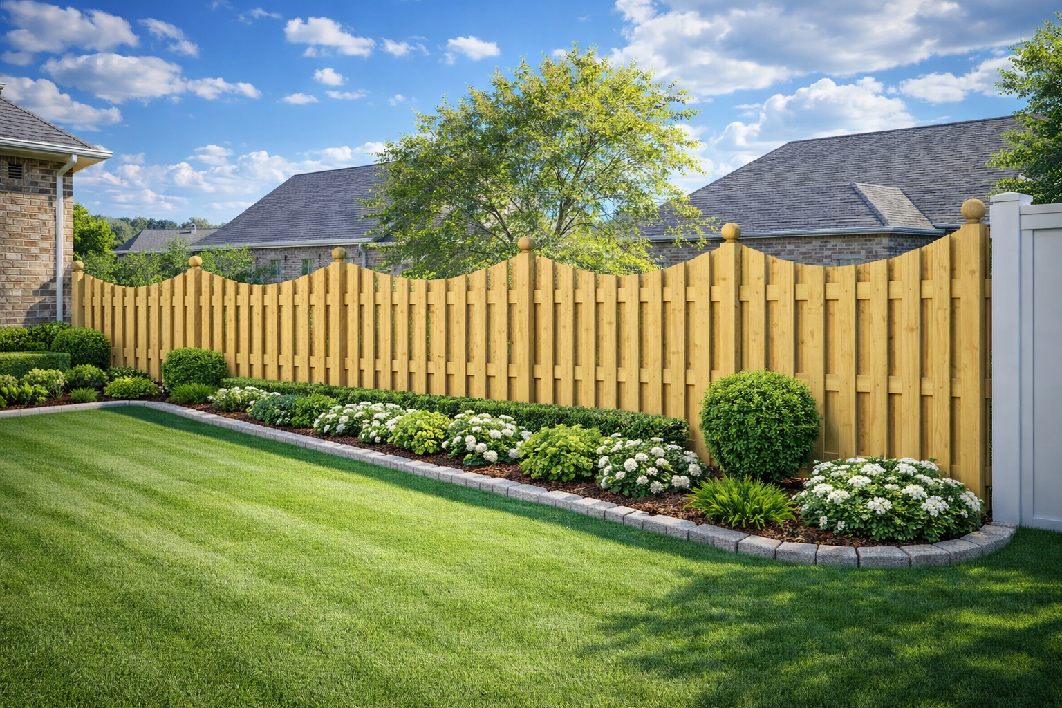 Wood 3D render highlighting vertical wood slats, framed panels, and capped posts for secure and natural privacy in Branson, Missouri.