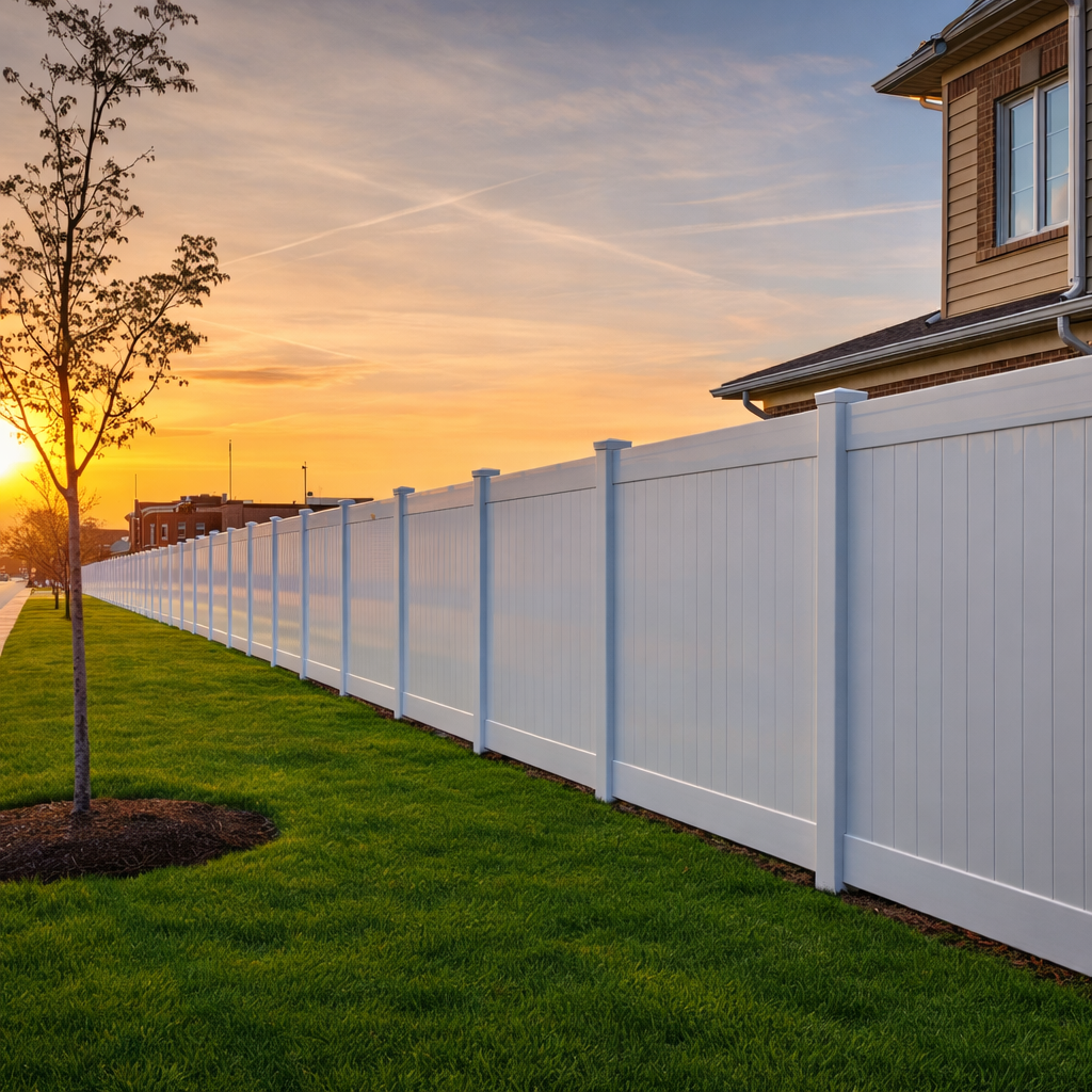 Vinyl 3D render featuring smooth vinyl panels and routed posts, designed for privacy and style in Saddlebrooke, Missouri.