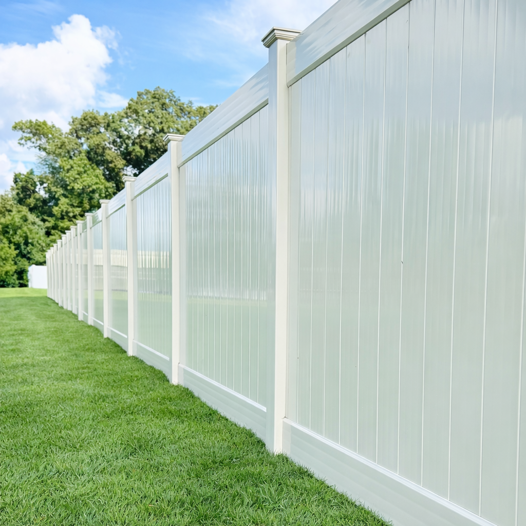 Vinyl 3D render featuring smooth vinyl panels and routed posts, designed for privacy and style in Rogersville, Missouri.