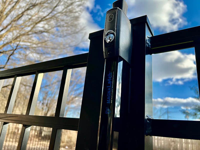 A close up of a black fence with a lock on it.