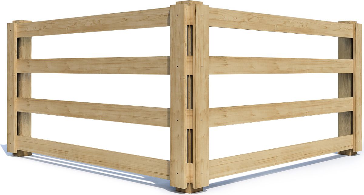 Wooden corner livestock fence panels with horizontal rails, forming a sturdy enclosure