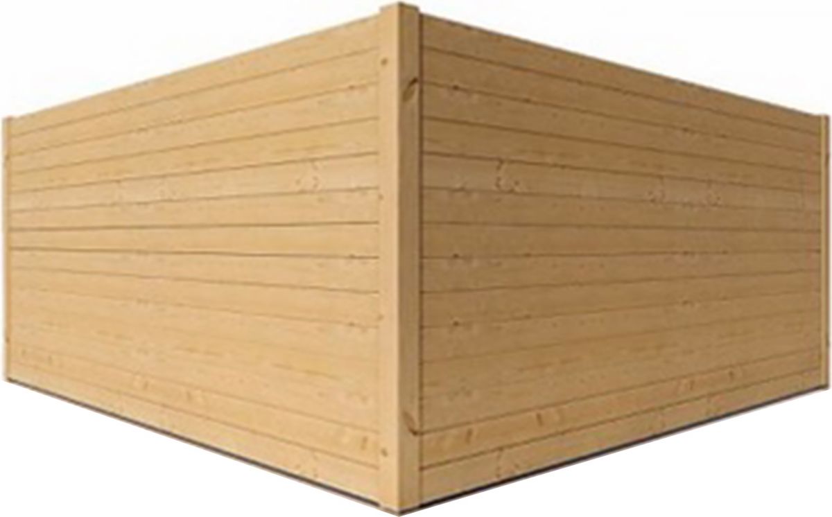 Corner of a light brown wooden fence with horizontal planks, against a white background.