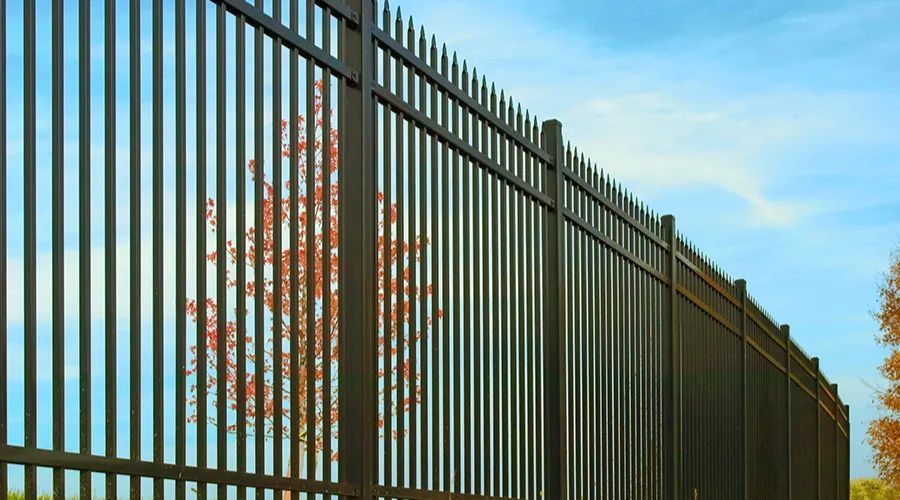 Tall black metal security fence with pointed pickets
