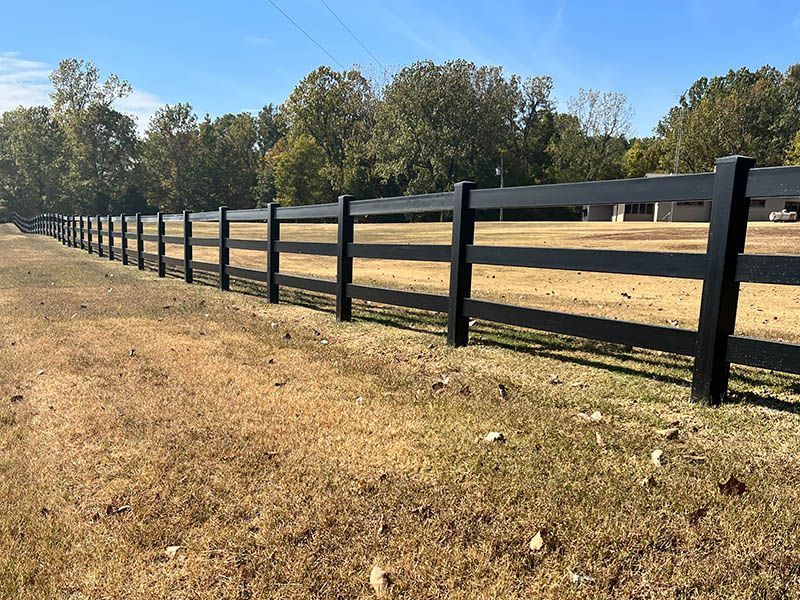 A black fence surrounds a grassy field with trees in the background.