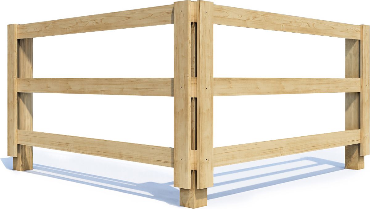 Wooden corner fence or guardrail with horizontal slats, shown on a white background