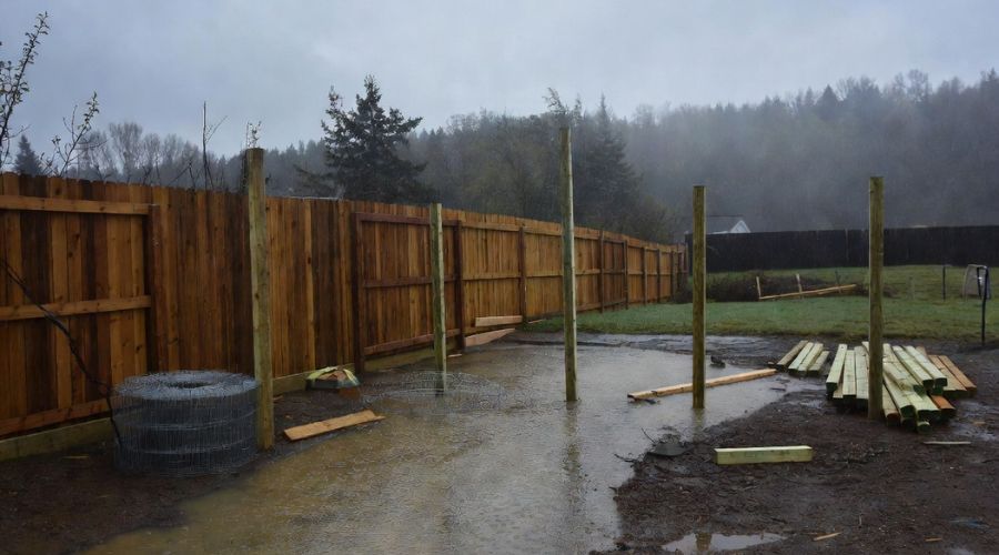 A wooden fence partially under construction with several bare posts standing in an open, muddy area near a treeline.