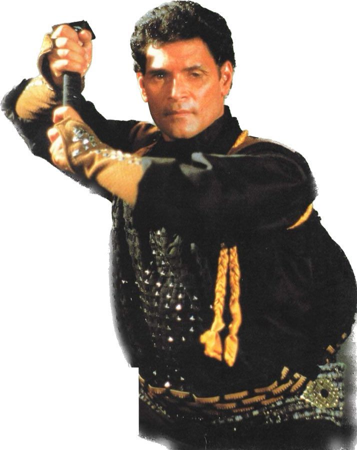 Man in ornate black and gold outfit, holding a staff, poised in a martial arts stance.