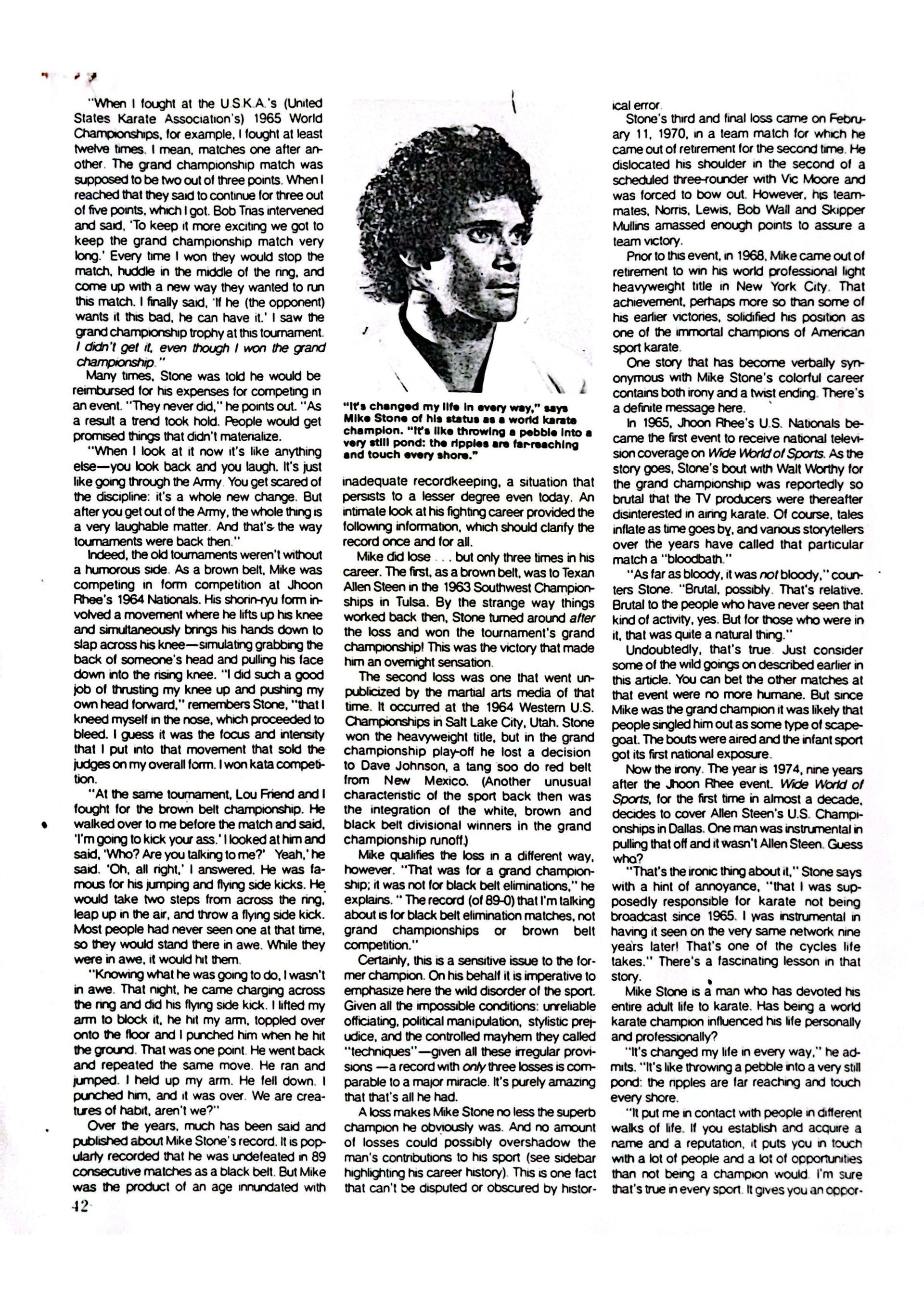 A newspaper page with a central portrait of a man with an afro and text columns on either side.