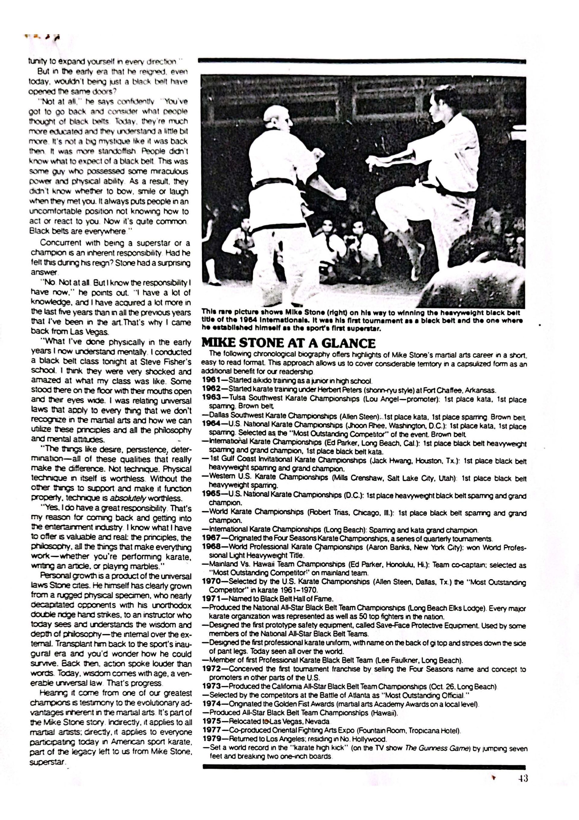 Two karate practitioners in white uniforms demonstrating techniques in a training hall. One is mid-kick. Text alongside.