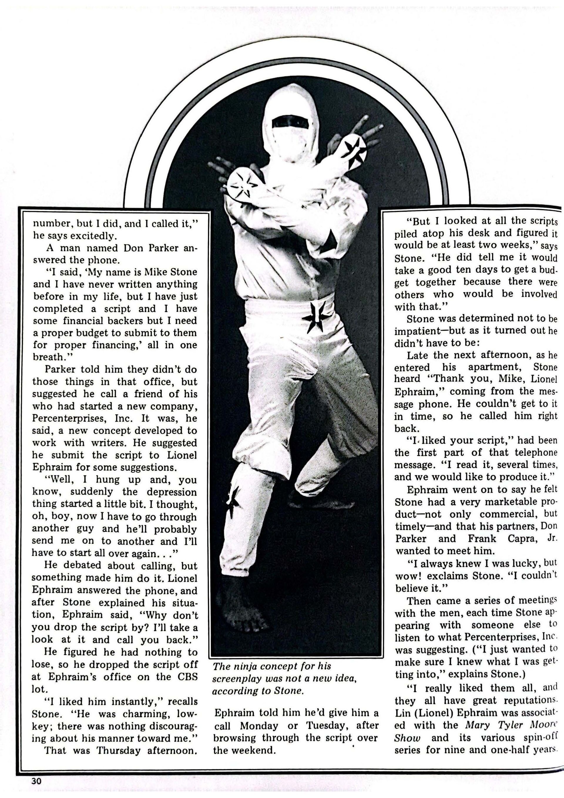 A person in a white ninja suit with crossed arms and hands. The image is inside a black-and-white newspaper layout.