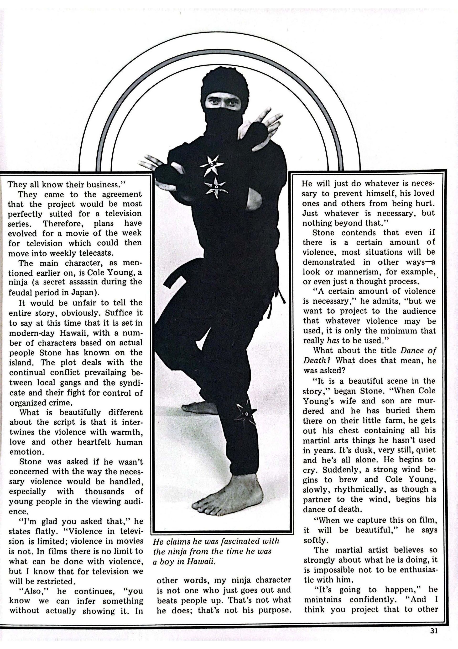 Ninja in black uniform, mask, and black belt, with crossed arms, standing in a framed image within text columns.